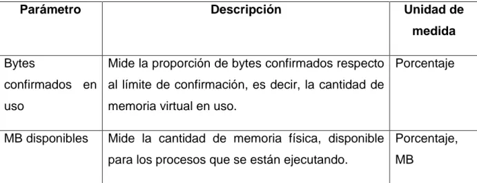 Tabla 2:6 Parámetros de evaluación de la memoria física  19 