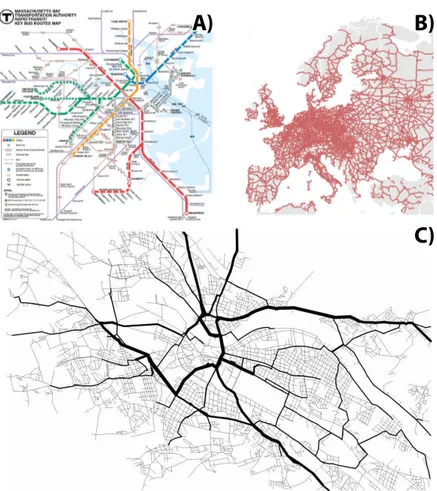 Figure 1.3: Examples of land transportation networks. A) Boston subway network (Latora and Marchiori, 2002), B) European railway network 