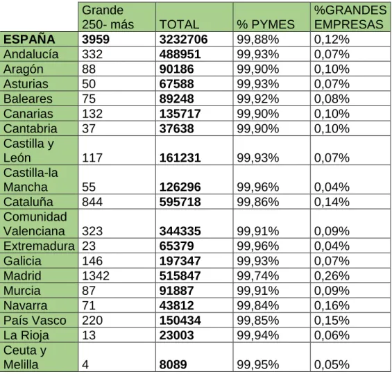 Tabla 4. Importancia de las pymes en España 