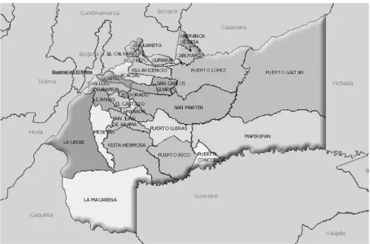 Figura 1. Mapa con la división política del Meta por municipios.  