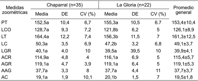Cuadro 1. Media, desviación estándar (DE) y coeﬁ ciente de variación (CV) para las medidas zoométricas (cm) de bovinos criollos Casanare en dos ﬁ ncas del municipio de Arauca.