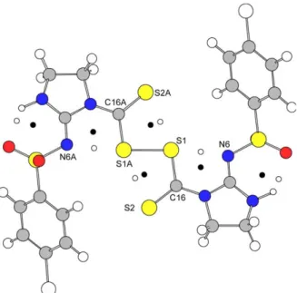 Fig. 3. Representation of the location of the (3, 1) CPs (white circles) and (3, +1) CPs (black circles) originated from the N  S and S  S interactions.