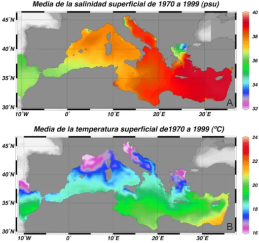 Figura 2 (A) Salinidad y (B) temperatura media superficial en el mar Mediterráneo. 