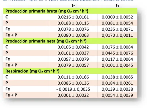 Tabla 8. Media    desviación estándar de la producción primaria bruta, neta y respiración  de P