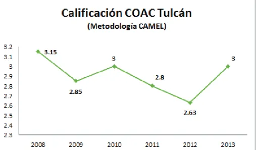 Figura 13. Calificación obtenida por la aplicación de la metodología CAMEL durante los  años 2008 – 2013  