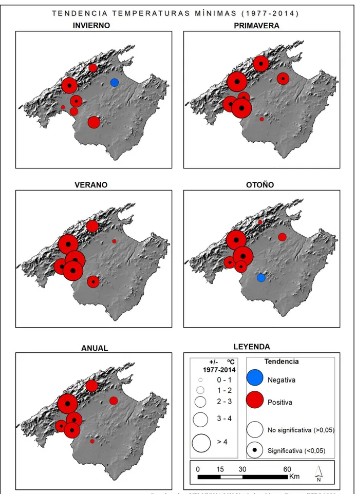 Figura 5: Representación cartográfica de las tendencias de las temperaturas máximas anuales y estacionales  en la isla de Mallorca durante el periodo 1977-2014 