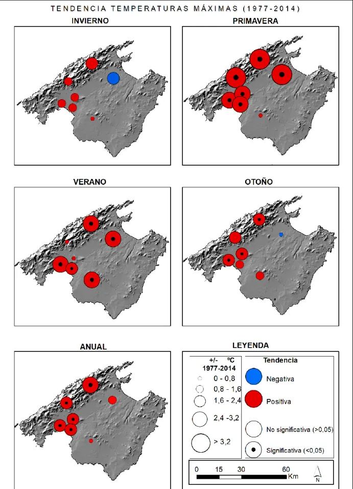 Figura 6: Representación cartográfica de las tendencias de las temperaturas máximas anuales y estacionales  en la isla de Mallorca durante el periodo 1977-2014 