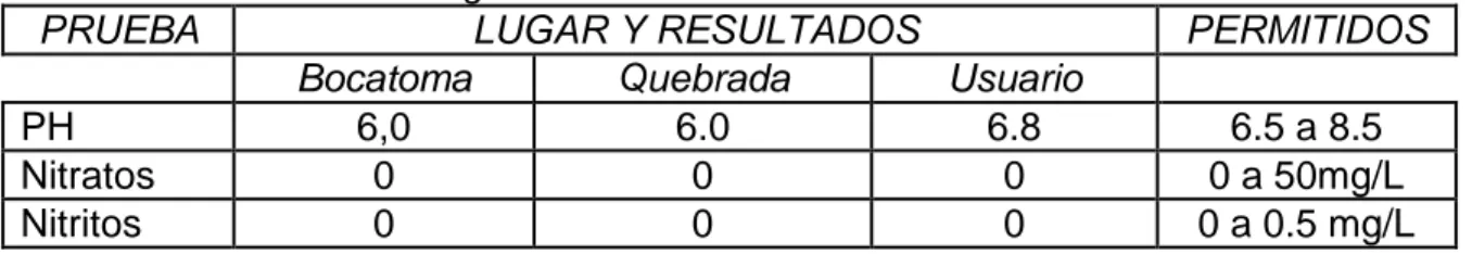 Tabla 3. Pruebas muestras agua en territorio 