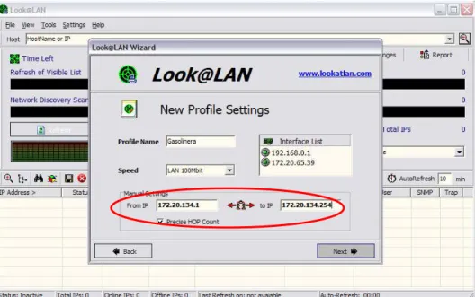 Figura 1.4.  Pantalla de configuración del rango de direcciones IP del  programa LOOK@LAN 