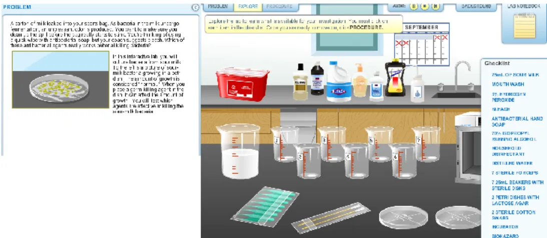 Figura 2. Exemple de pràctica virtual referent a l’efecte antibacterians de diferents agents  davant bactèries de la llet.