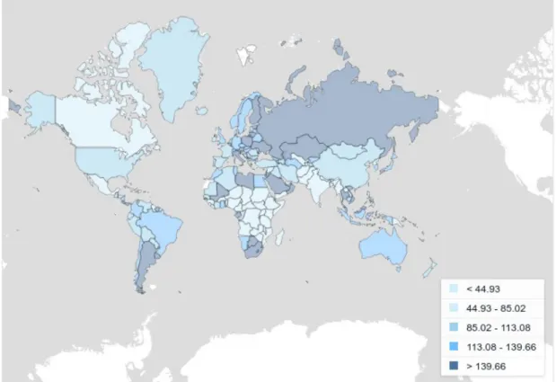 Figura 2: Subscripcions de telefonia mòbil per cada 100 habitants a l'any 2014. Font: World Bank Group