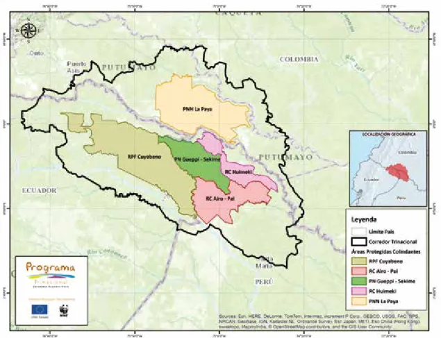 Figura 1. Ubicuación y límites del Corredor Trinacional y de las áreas protegidas que contiene.