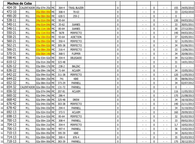 TABLA No.16 Machos de Ceba. 