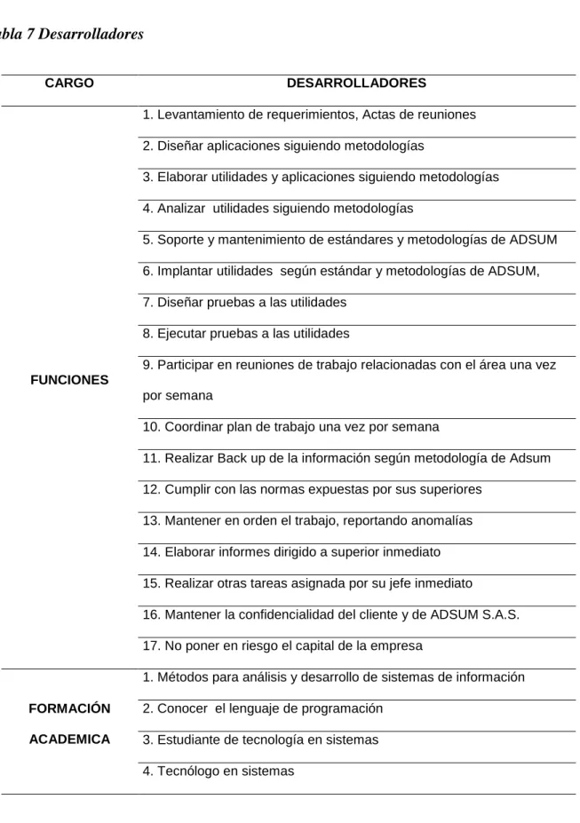 Tabla 7 Desarrolladores 