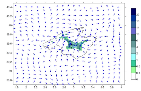 Figure 12. Control Simulation, the accumulated precipitation field (mm)  with the wind field at 14 UTC