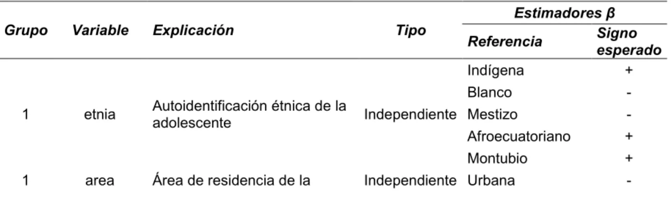 Tabla 5: Variables del modelo de elección binaria 