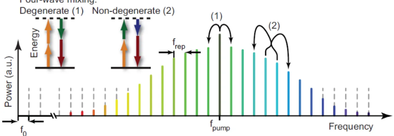 Figure 1.7: Illustration of both degenerated (1) and non-degenerated (2) FWM processes in the frequency comb generation [11].