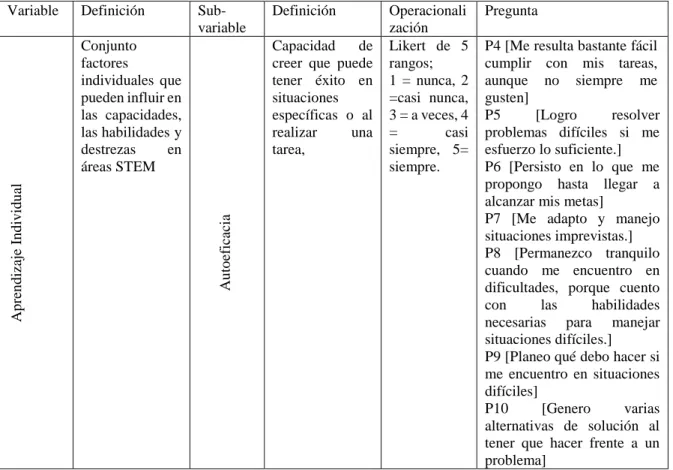 Tabla 2. Operacionalización de las variables 