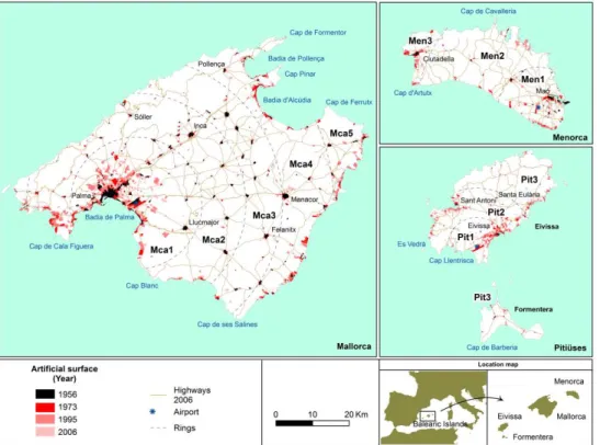 Fig. 4.  Evolució  de  les  cobertures  del  sòl  artificial  a  les  Illes  Balears  (1956- (1956-2006)