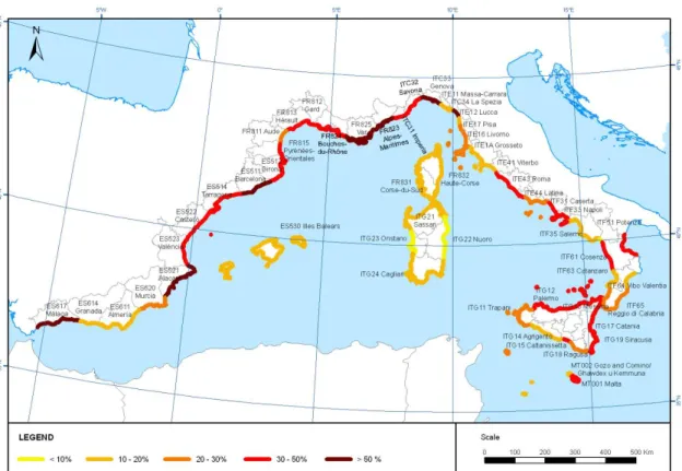 Fig. 13.  Grau d’artificialització en la franja de 1 Km des de la costa al 2006  (NUTS-3