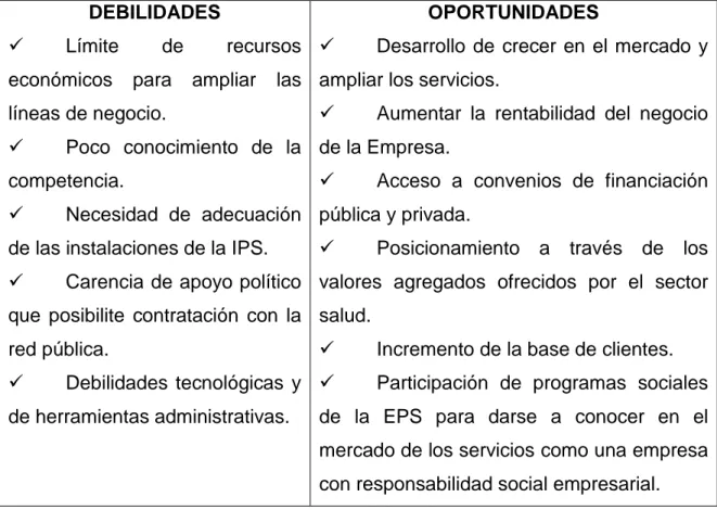 Tabla 4. Resumen de debilidades, oportunidades, fortalezas y amenazas. 