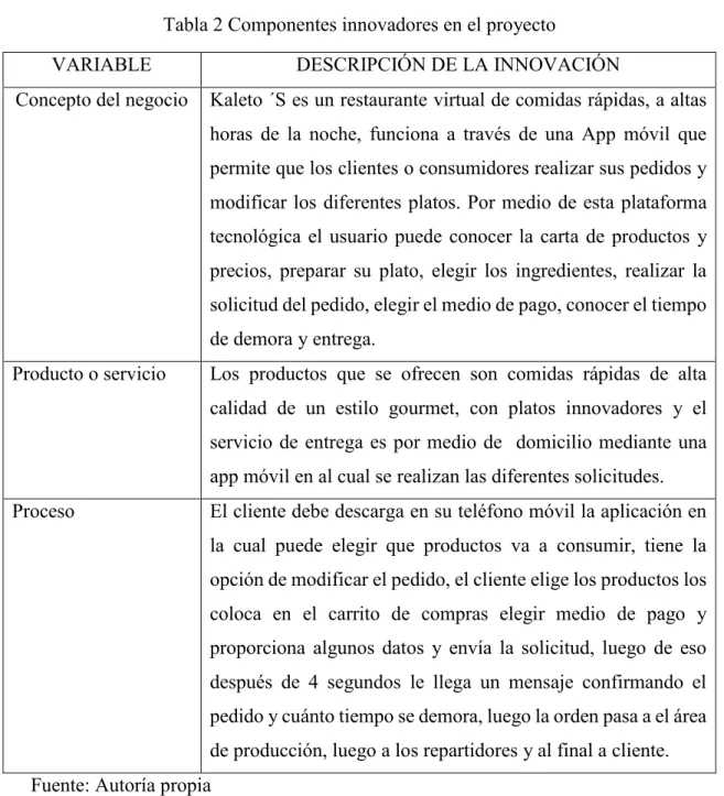 Tabla 2 Componentes innovadores en el proyecto