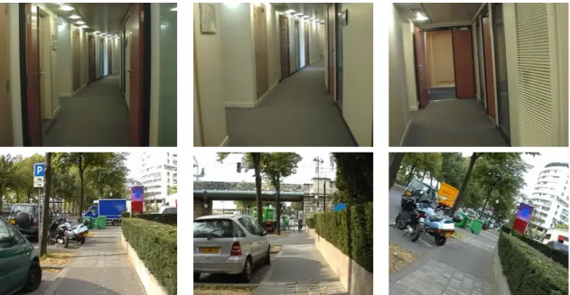 Figure 4.2: Examples of images taken from the Lip6 Indoor sequence (top row) and the Lip6 Outdoor sequence (bottom row).