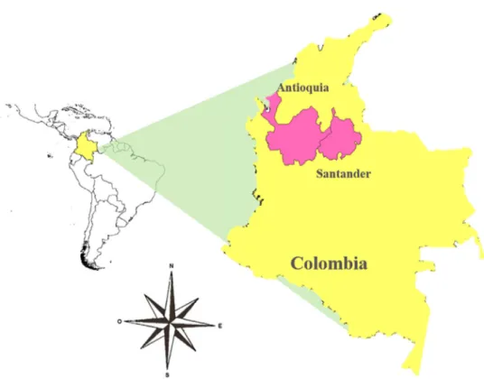 Fig. 1. Geographical location of sampling sites in Colombia. The pink area denotes the Antioquia and Santander provinces