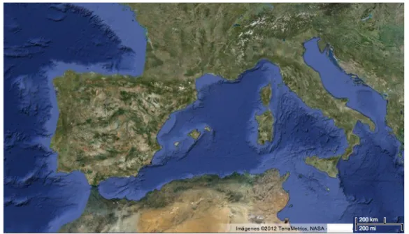 Figure 1.1. The western Mediterranean region and its orography. (Image source: Google Maps.)