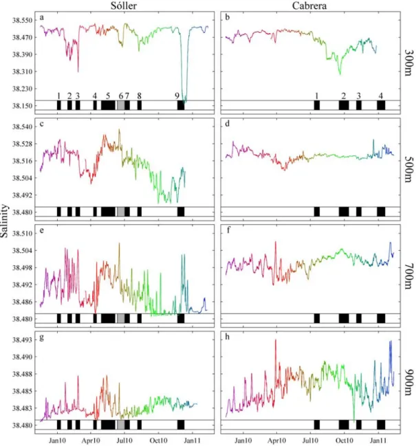 Figure 1.3: Similar to Fig. 1.2 but for the salinity time series.