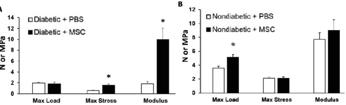 Figura  9.  Efectos  del  tratamiento  con  células  madre  mesenquimales  en  las  propiedades  biomecánicas  de  la  piel  de  (A)  ratones diabéticos y (B) ratones no diabéticos