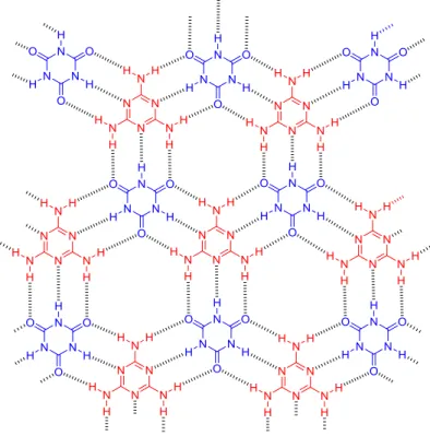 Figure 14. Lattice structure obtained from the self-assembly of cyanuric acid  (blue) and melamine (red)