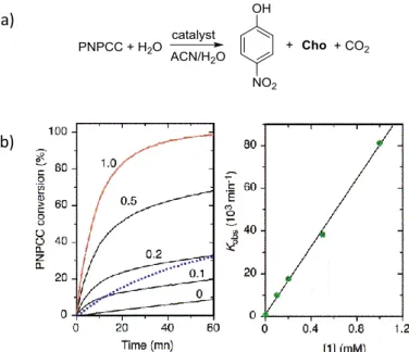 Figure  46.  (a)  Ideal  catalyzed  hydrolysis  of  PNPCC.  (b)  Real-time  UV−vis  kinetic  conversion curves at 298 K of a solution of PNPCC (0.1 mM) in  MeCN/H 2 O (99:1 v/v)  buffered with 10 mM EtN(i-Pr) 2  and 5 mM CF 3 CO 2 H containing cavitand 1 a