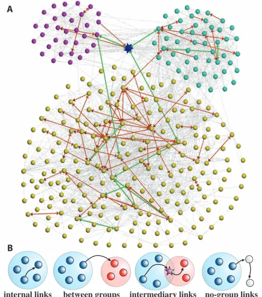 Figure 3.1: Groups and links. (A) Sample of Twitter network: nodes represent users and links, interactions