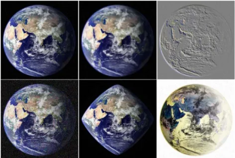 Figure 1.1: Several examples of processed images. From left to right, top to bottom: Original image, blurred image, embossed image, image with added noise, geometric transformation over the original image, negative of the original image