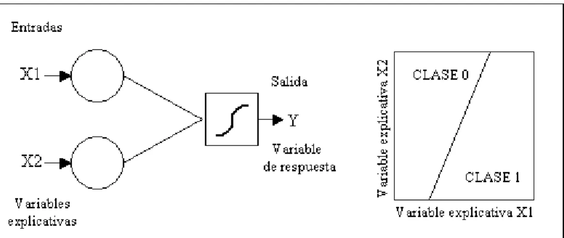 Figura 6. Perceptrón simple con función logística = Modelo de regresión logística.