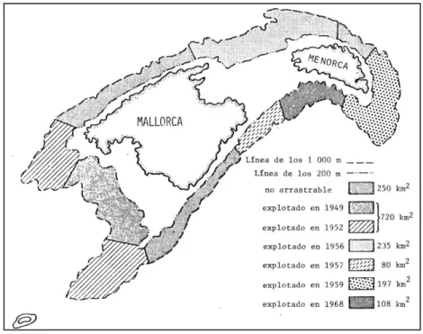 Figure 1.11. Evolution of the deep  water fishing  grounds  exploited by the bottom trawl fleets  from Mallorca and Menorca
