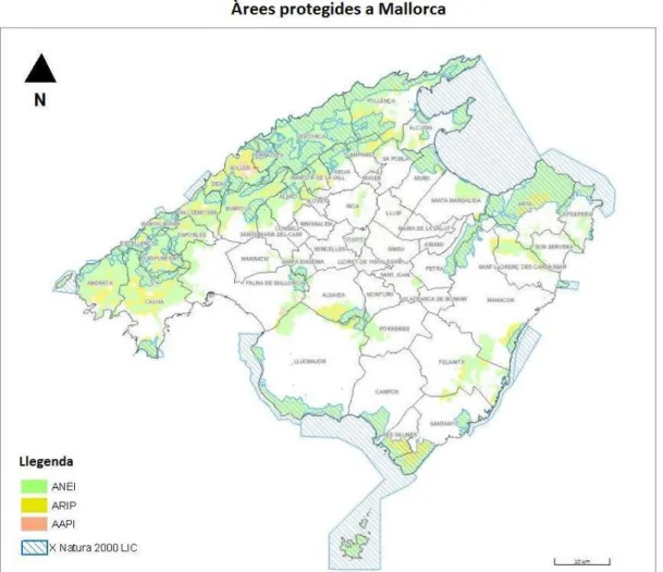 Figura 3. Mapa de Mallorca on es representen les delimitacions de les zones protegides fins l’any  2015