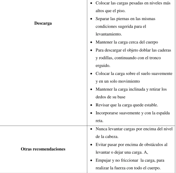 Tabla 13 Procedimiento para la manipulación de cargas  