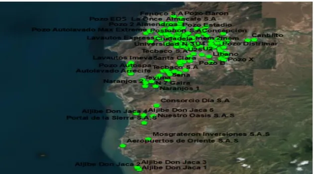 Figura 1 Georreferenciación de los pozos profundos en explotación  del acuífero del distrito de Santa Marta