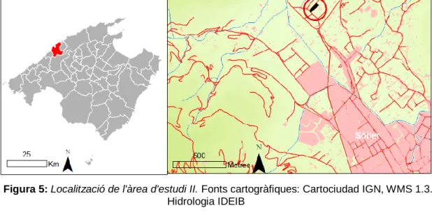 Figura 5: Localització de l'àrea d'estudi II. Fonts cartogràfiques: Cartociudad IGN, WMS 1.3.0  Hidrologia IDEIB 
