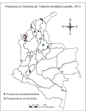 Figura  2.  Distribución  geográfica  de  las  dos  poblaciones  de  Triatoma  dimidiata  en  Colombia:  presencia  extradomiciliaria  (silvestre) en el occidente, y en el domicilio en la zona  centro-oriental