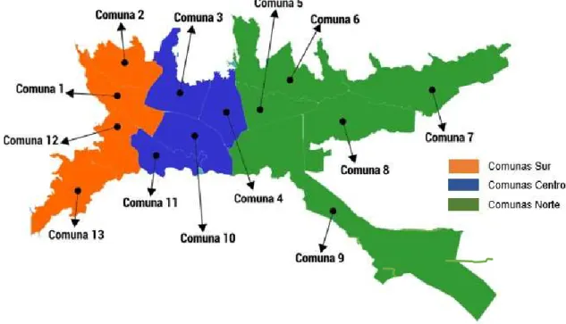 Figura 3 – Ibagué por Comunas, Sur: Comunas (1, 2, 12,13), Centro: Comunas (3, 4, 10,11),  Norte: Comunas (5, 6, 7, 8, 9)  