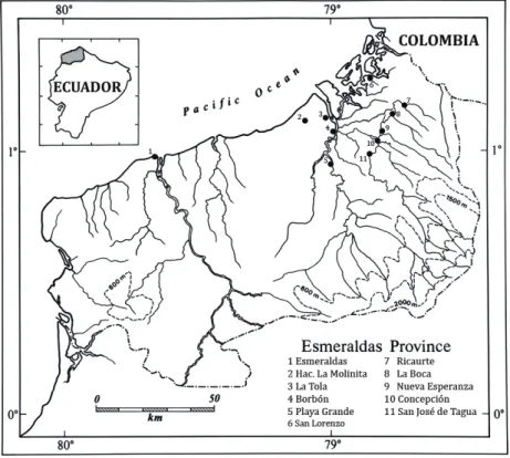 Figure 1.  Map of Esmeraldas Province indicating the location of the places mentioned in the text.