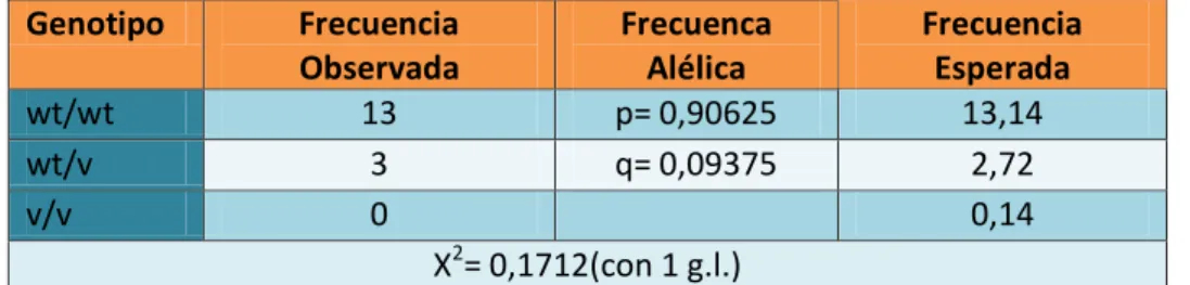 Tabla  6.  Valores  para  el  cálculo  del  equilibrio  Hardy-Weinberg  de  la  muestra  de  pacientes  para  el  polimorfismo rs2066844
