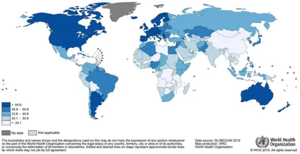 Figura 1.1. Incidencia del cáncer de mama alrededor del mundo en el 2012 (2). 