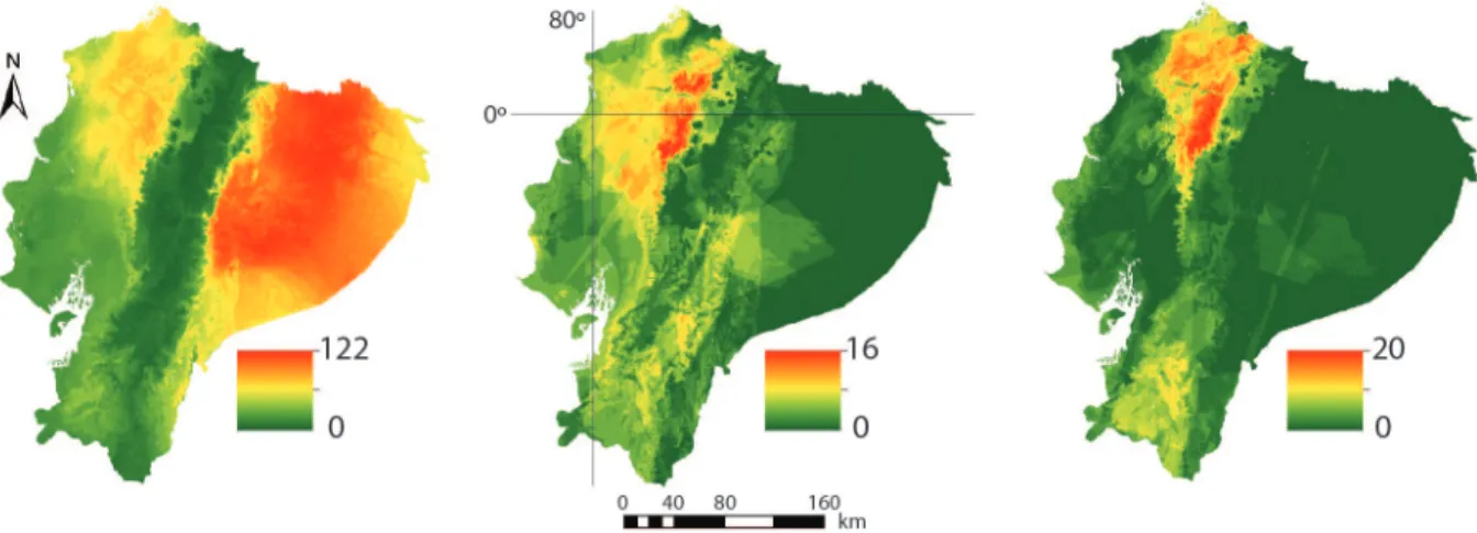 Figure 2. Maps of anthropogenic threat (left), importance (center), and opportunity (right), the three criteria used in this study to  identify priority areas for the conservation of reptiles in continental Ecuador