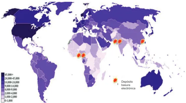 Figura 1.1.  Generación de residuos electrónicos por países en miles de toneladas  (CIA, World Factboock, 2008) 