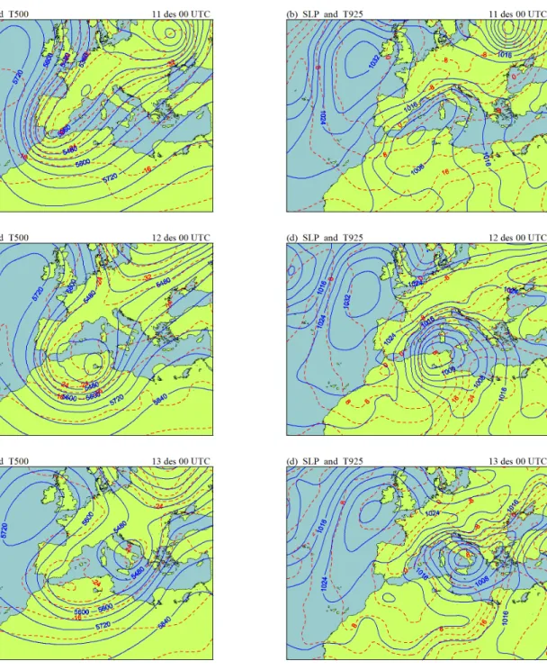 Figura 6: Situació sinòptica, extreta dels anàlisis de l'ERA-40, a les 00 UTC els dies: (a,b) 11 de desembre de 1967; (c,d) 12 de desembre de 1967; (e,f) 13 de desembre de 1967