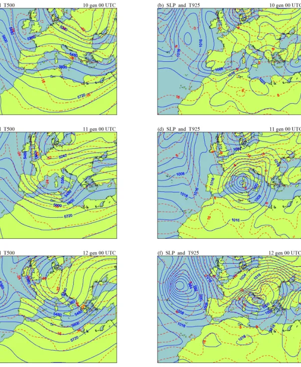 Figura 7: Situació sinòptica, extreta dels anàlisis de l'ERA-40, a les 00 UTC els dies: (a,b) 10 de gener de 1987; (c,d) 11 de gener de 1987; (e,f) 12 de gener de 1987